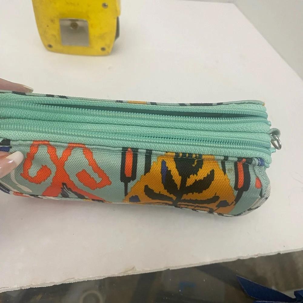 Vera Bradley Green and Red Cosmetic Bag with Ikat Design